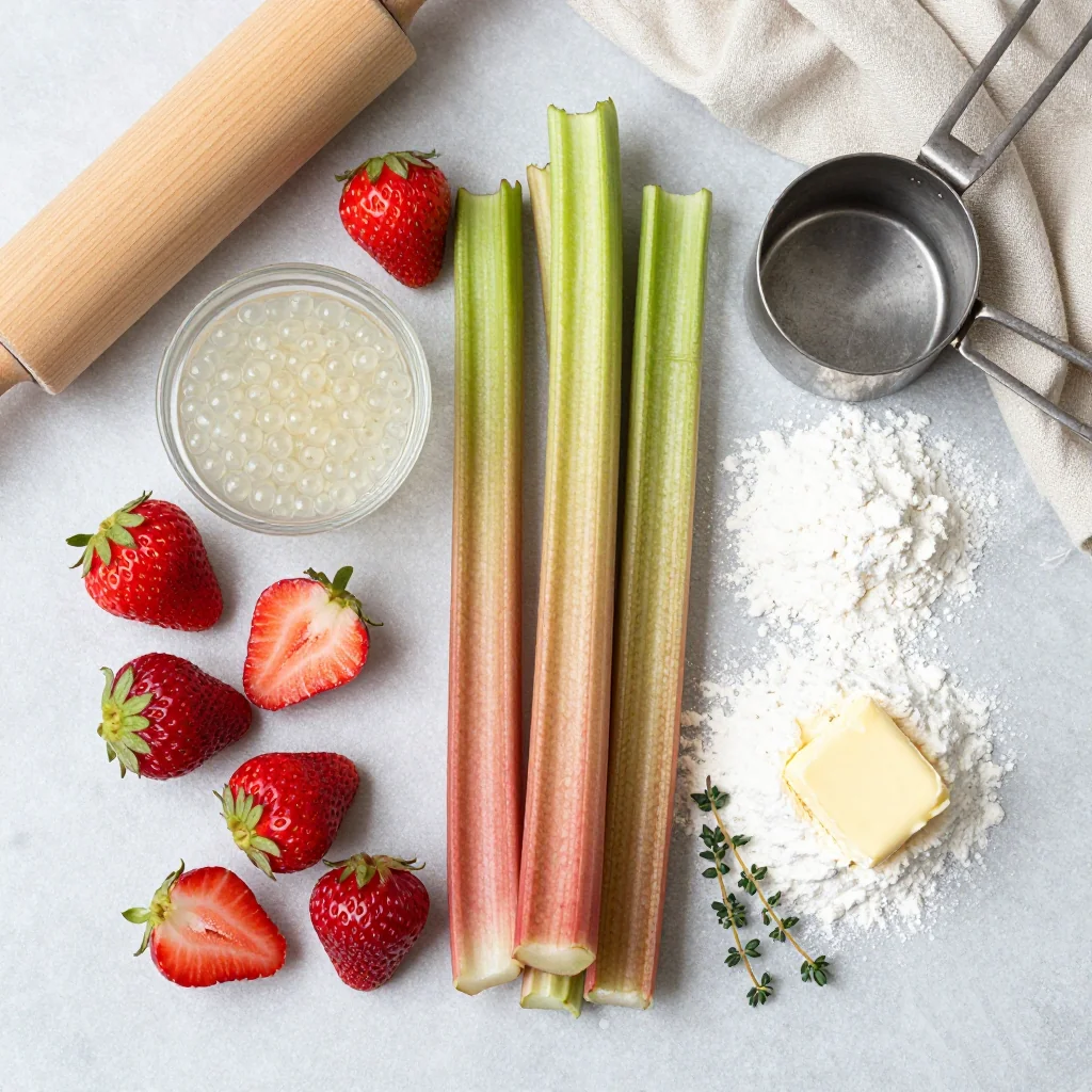 All ingredients for Rhubarb Pie with Strawberry and Tapioca