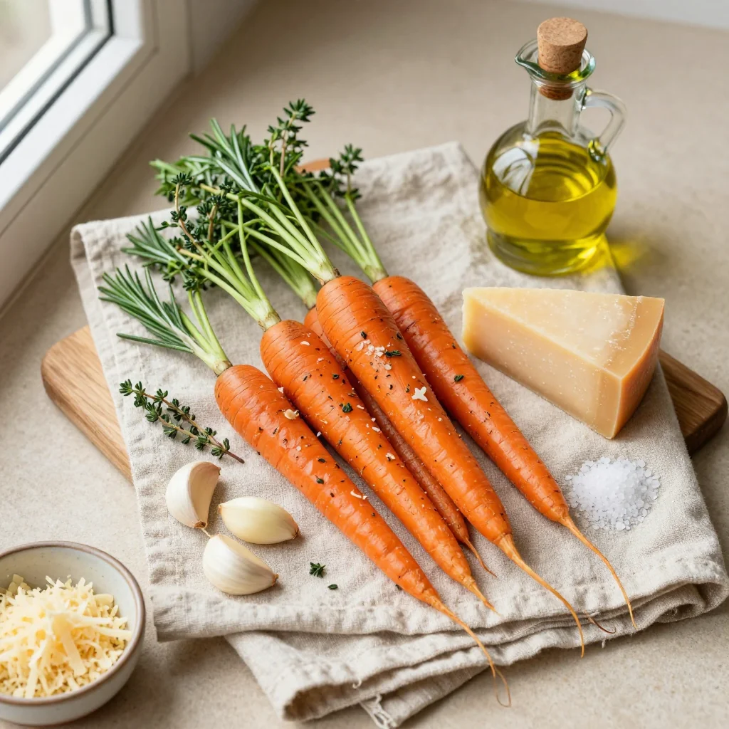All ingredients laid out for roasted carrots with parmesan garlic and herbs