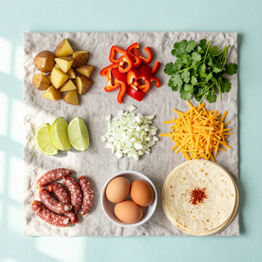 All ingredients for Savory Breakfast Burritos with Chorizo and Potatoes