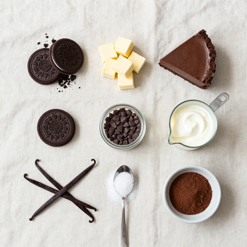 All ingredients for Chocolate Silk Pie with Oreo Cookie Crust