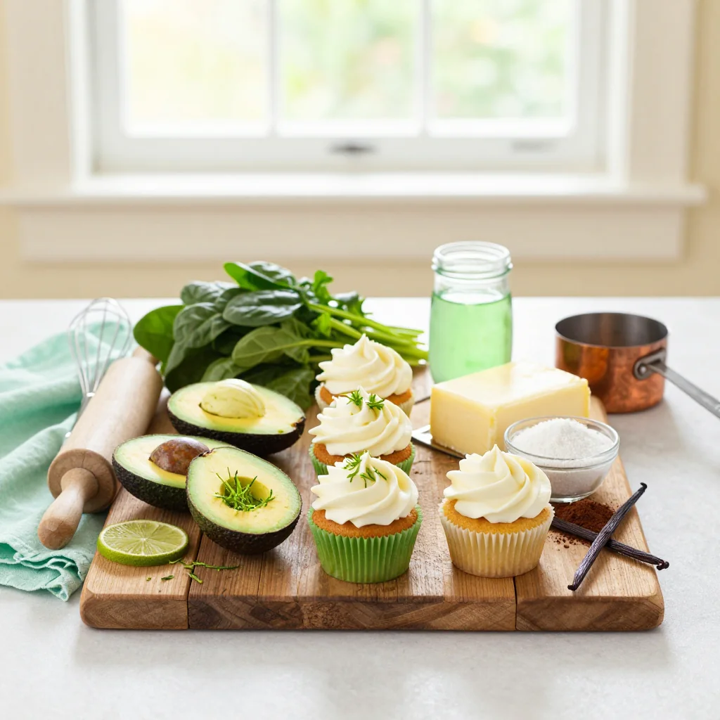 All ingredients for Green Velvet Cupcakes with Cream Cheese Frosting