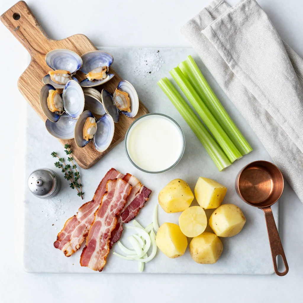 All ingredients for New England Clam Chowder with Bacon neatly arranged on a wooden board