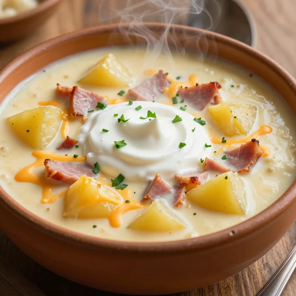 High Protein Cheesy Potato and Ham Soup for Comfort