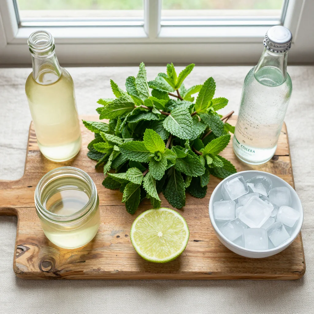 All ingredients for Mint Julep Mocktail Non Alcoholic arranged on a wooden board