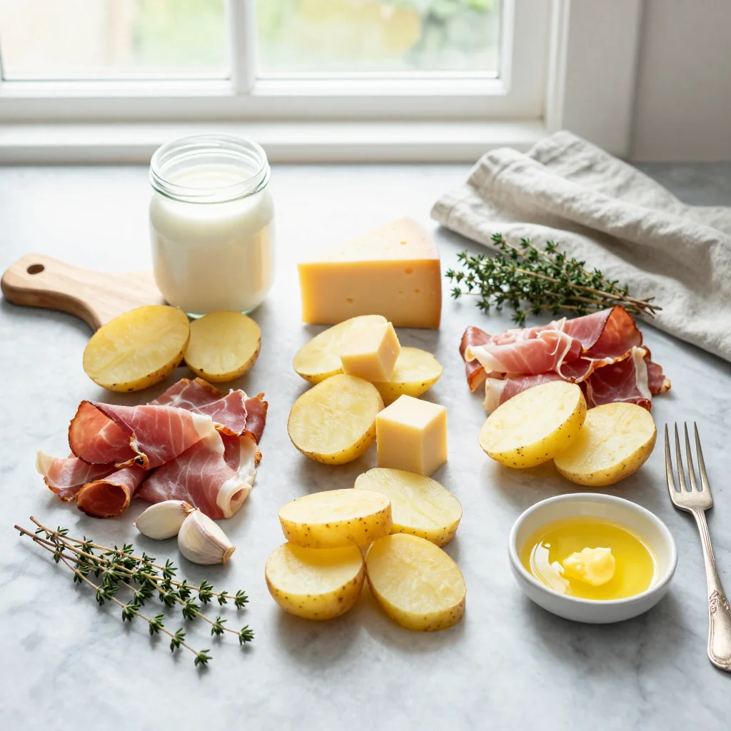 All ingredients for Scalloped Potatoes with Ham and Gruyère Cheese