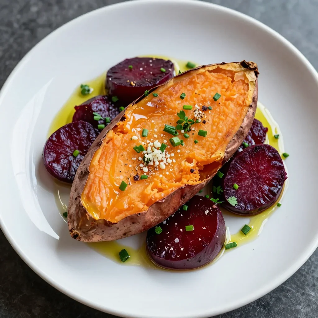 warm baked sweet potato and beet salad with garlic and herbs