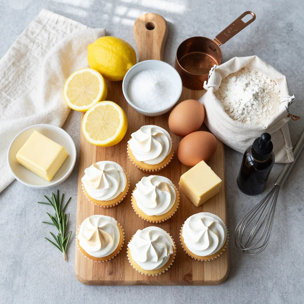 All ingredients for Lemon Meringue Cupcakes arranged on a wooden board