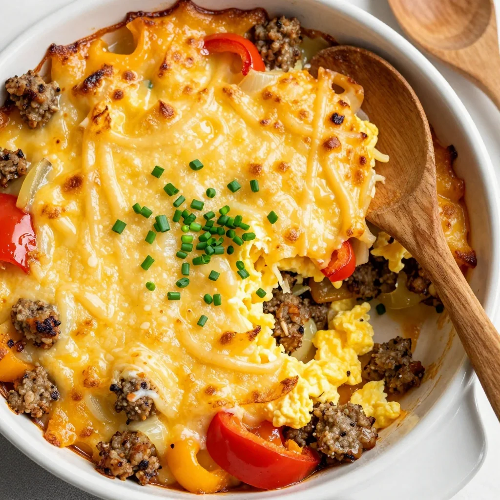 festive breakfast casserole with sausage eggs and cheese for family mornings