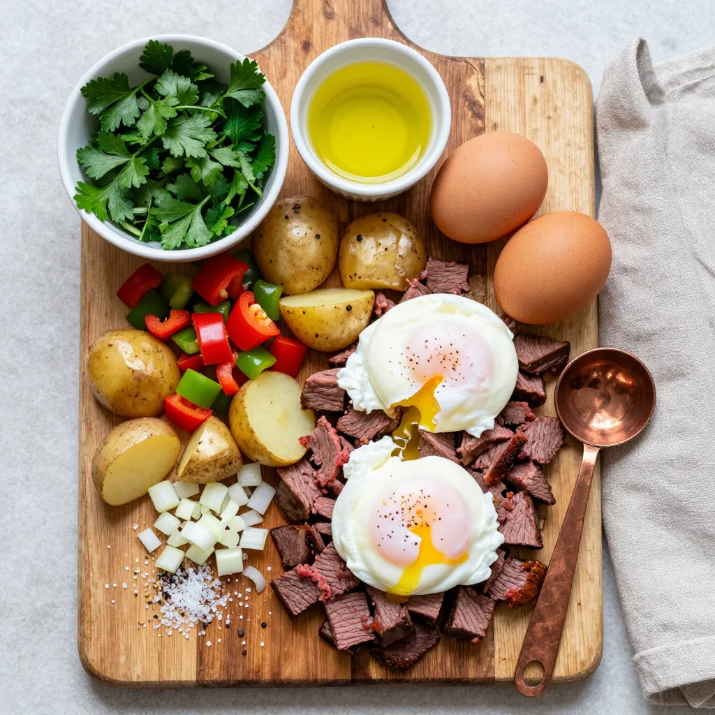 All ingredients for Corned Beef Hash with Poached Eggs neatly arranged on a wooden board