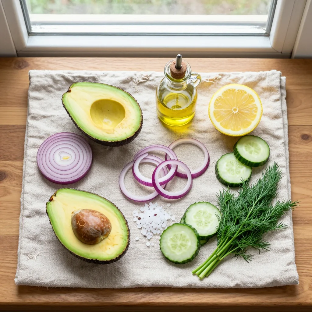All ingredients for Avocado Cucumber Salad with Red Onion arranged on a wooden board