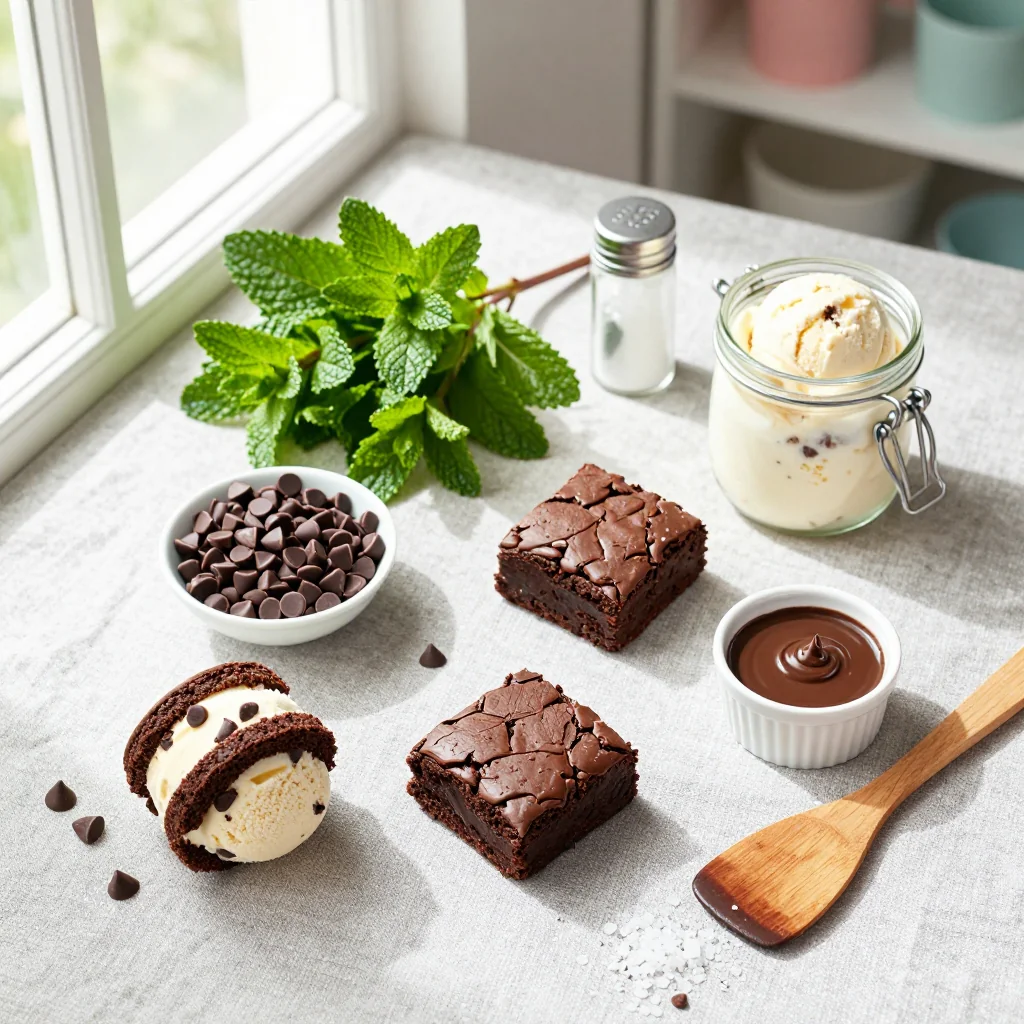 All ingredients for Mint Chocolate Chip Brownie Ice Cream Sandwiches