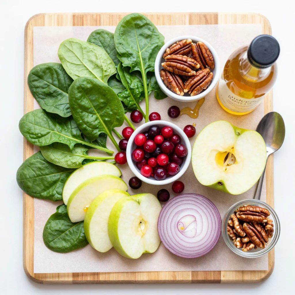 All ingredients for Apple Cranberry Spinach Salad with Candied Pecans