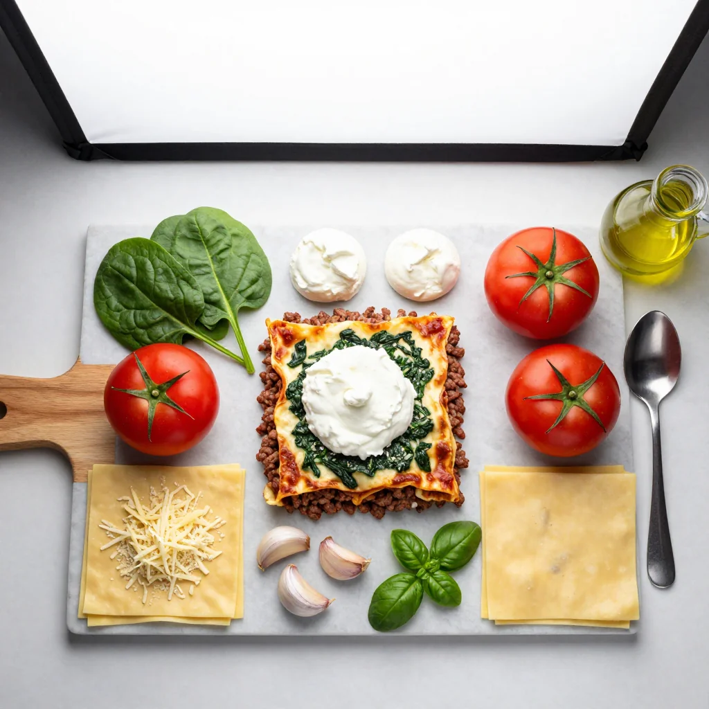 All ingredients for Beef Lasagna with Spinach and Ricotta Cheese