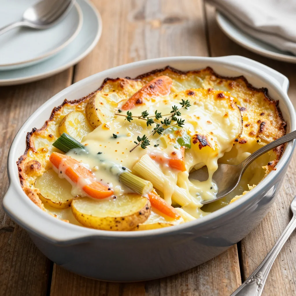 warm garlic roasted winter vegetable and potato gratin for family dinners