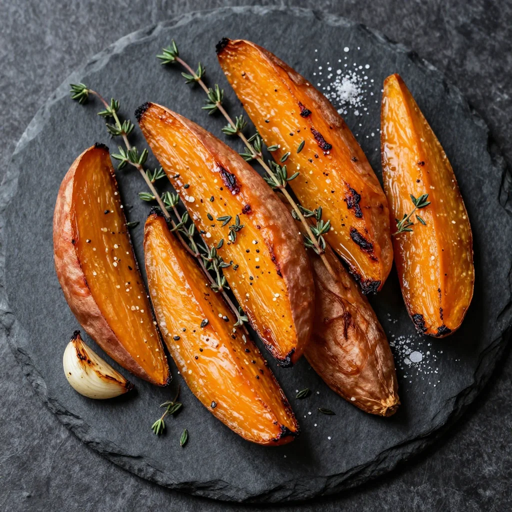 tender garlic thyme roasted sweet potatoes for winter weeknight dinners