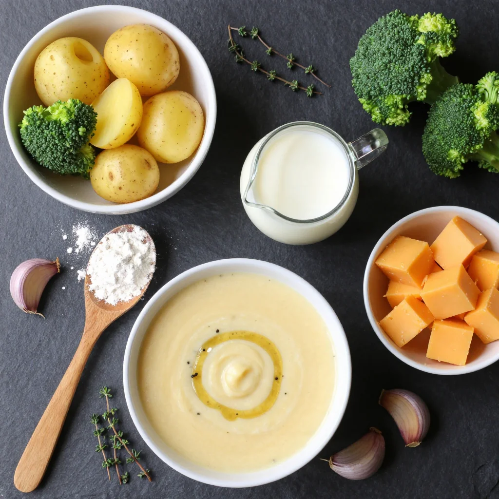 Fresh ingredients arranged for creamy potato and cheddar soup with broccoli