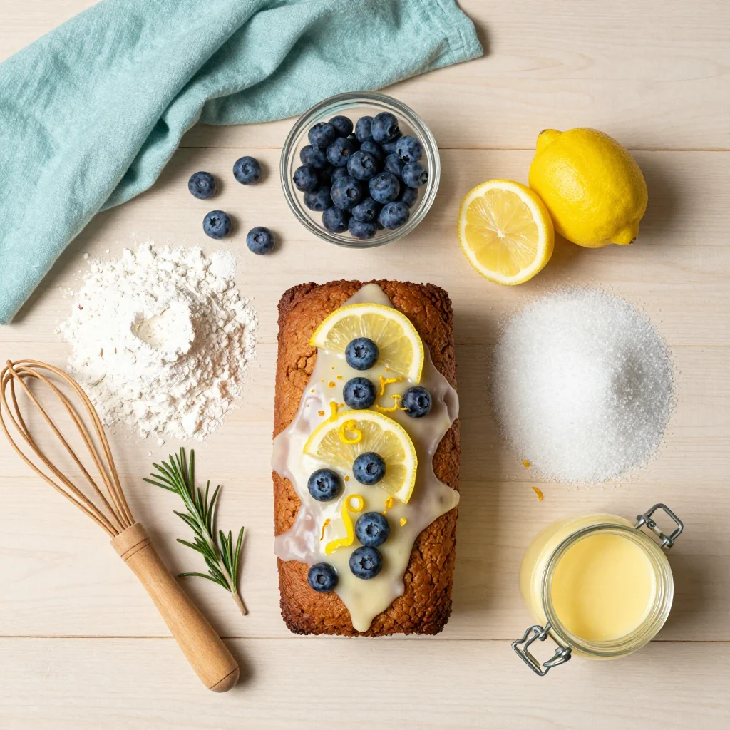 All ingredients laid out for Blueberry Lemon Loaf with Lemon Glaze