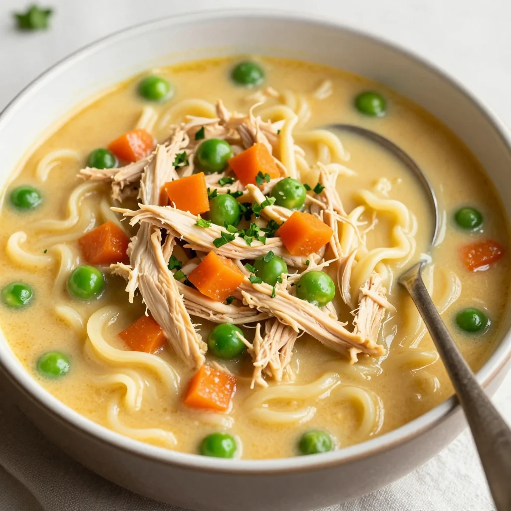 Creamy Chicken and Noodle Soup with Peas and Carrots