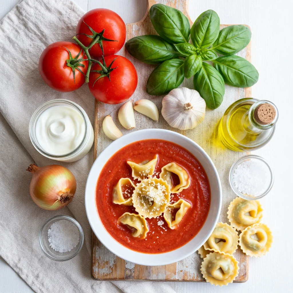 All ingredients for Creamy Tomato Basil Soup with Tortellini