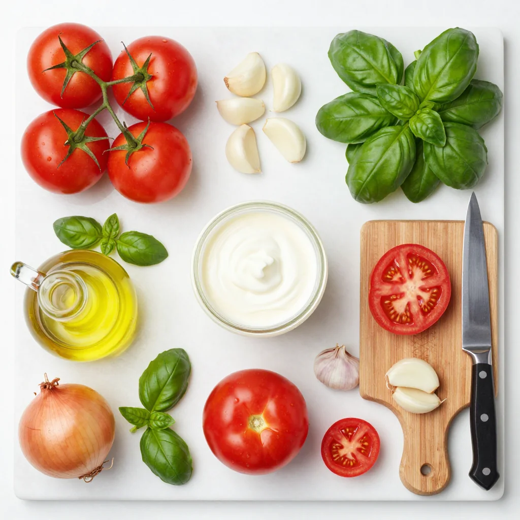 All ingredients for Tomato Basil Soup Creamy Homemade