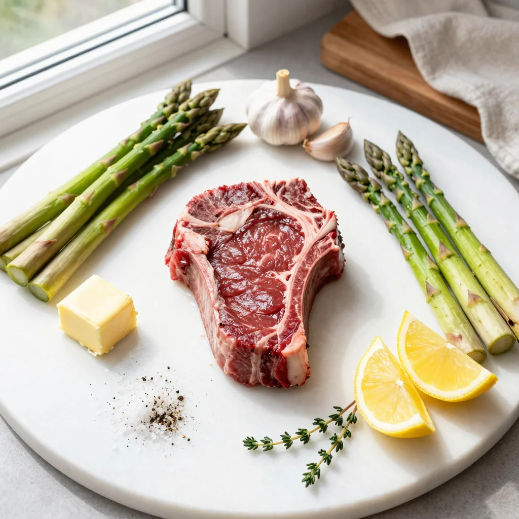 All ingredients laid out for Garlic Butter Steak with Asparagus