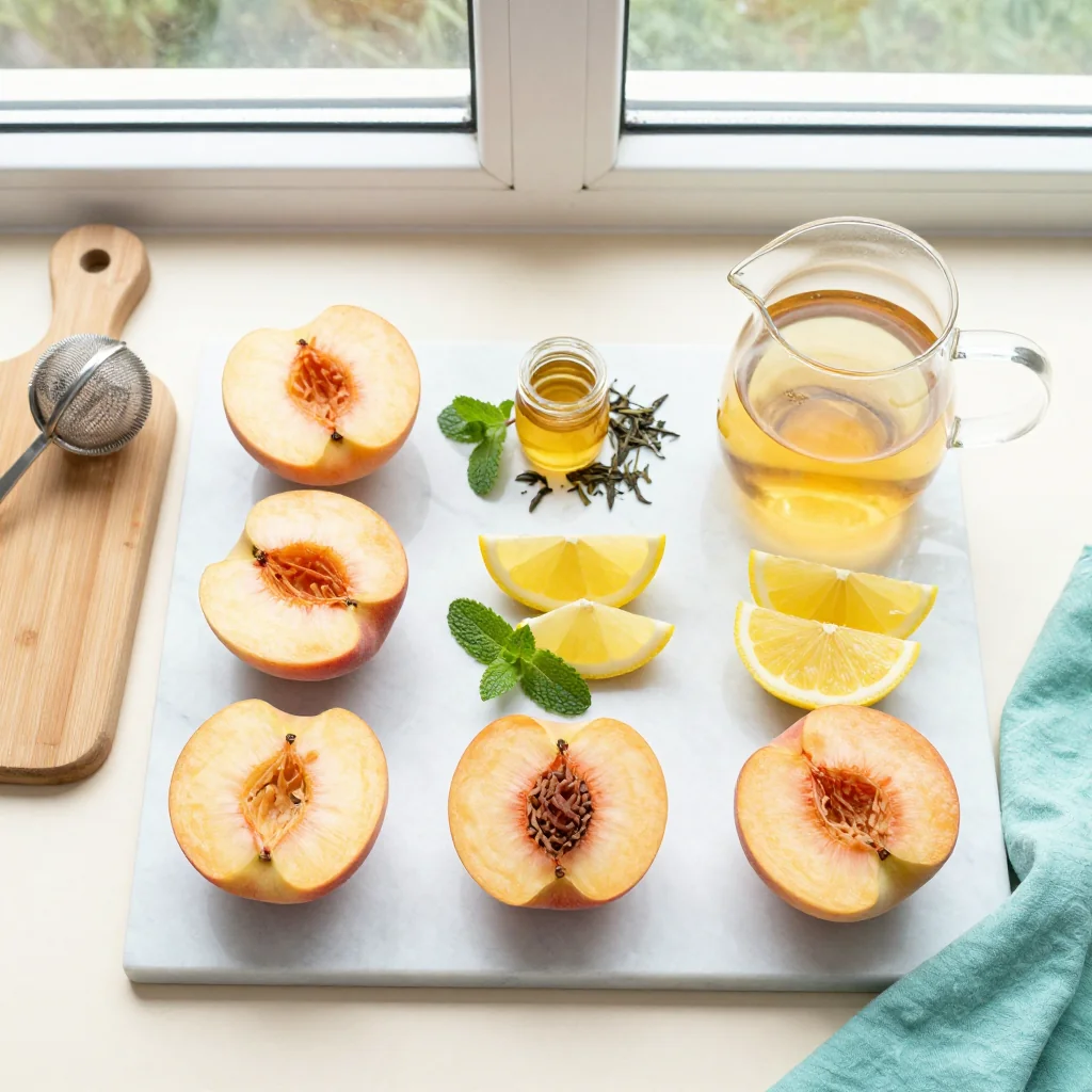All ingredients for Peach Tea with Fresh Lemon and Mint arranged on a wooden board