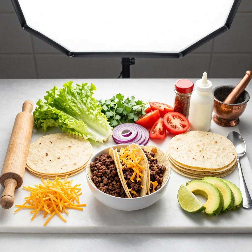 All ingredients for Beef Tacos with Soft Shells and Cheese