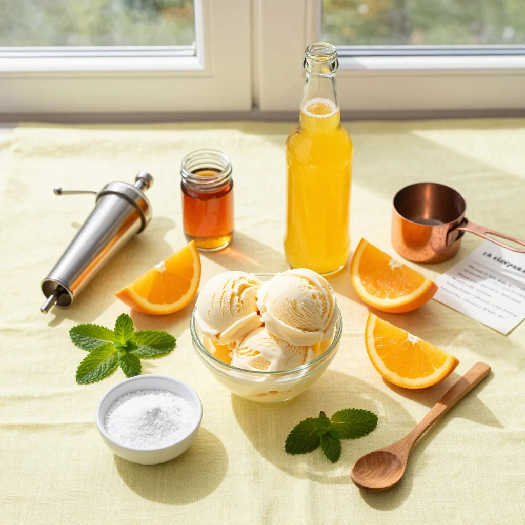 All ingredients for Orange Creamsicle Float with Soda arranged on a wooden board
