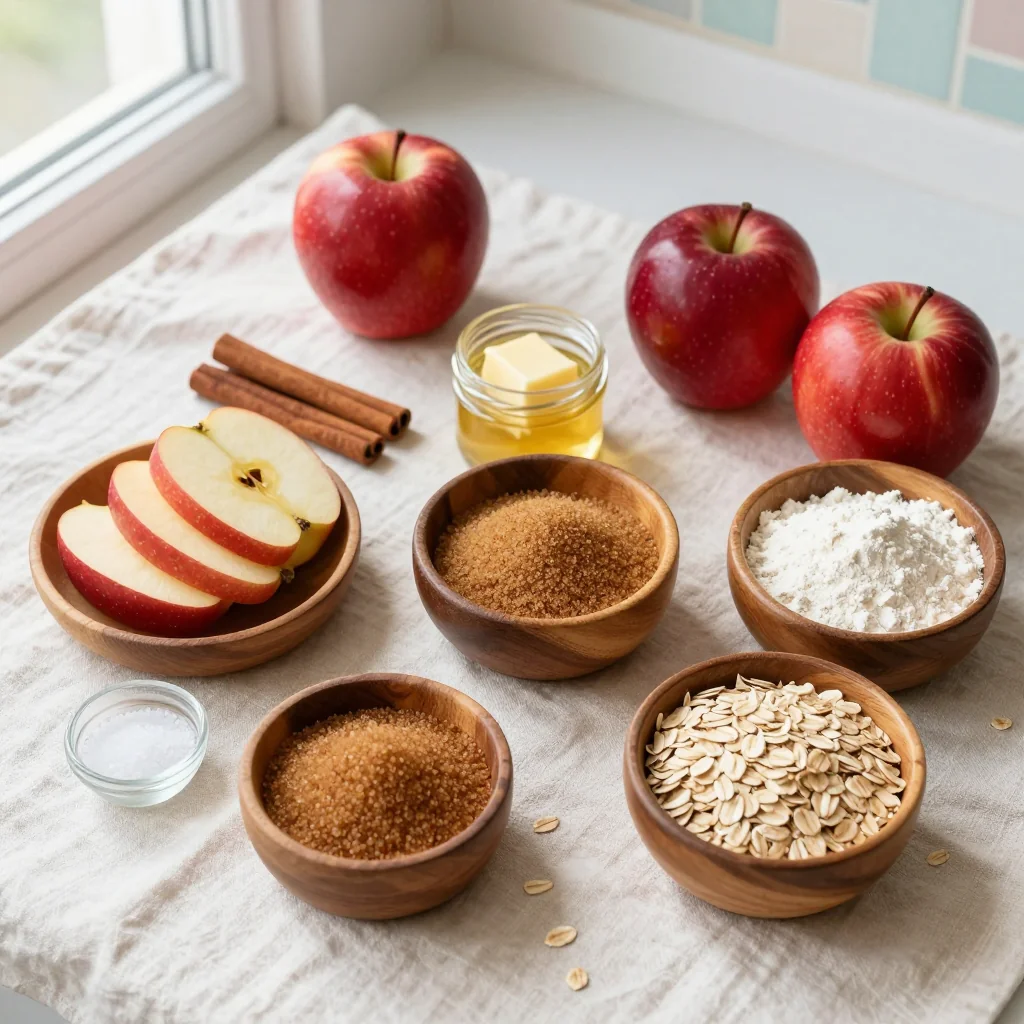 All ingredients for Apple Cobbler with Cinnamon neatly arranged on a wooden board
