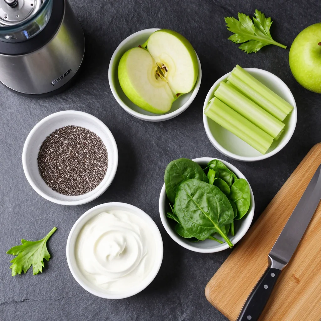 Fresh green apple, celery stalks, spinach leaves, ginger root, lemon, and cinnamon sticks arranged on a white marble surface
