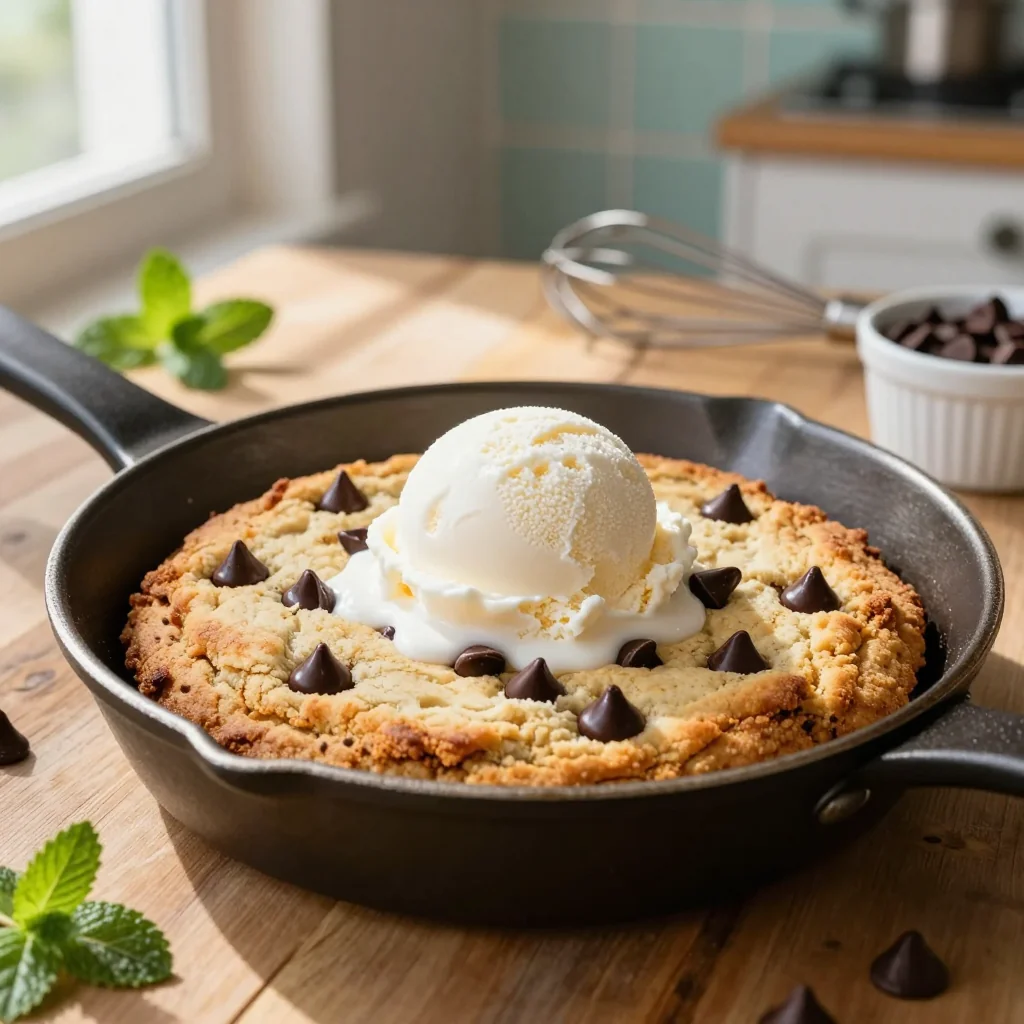 Skillet Cookie with Chocolate Chips and Ice Cream