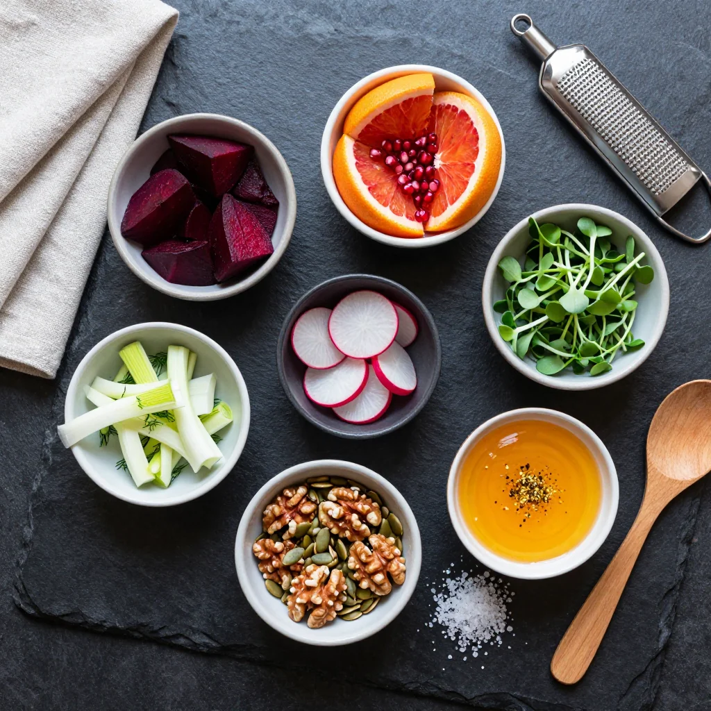 Fresh ingredients for roasted beet and citrus salad