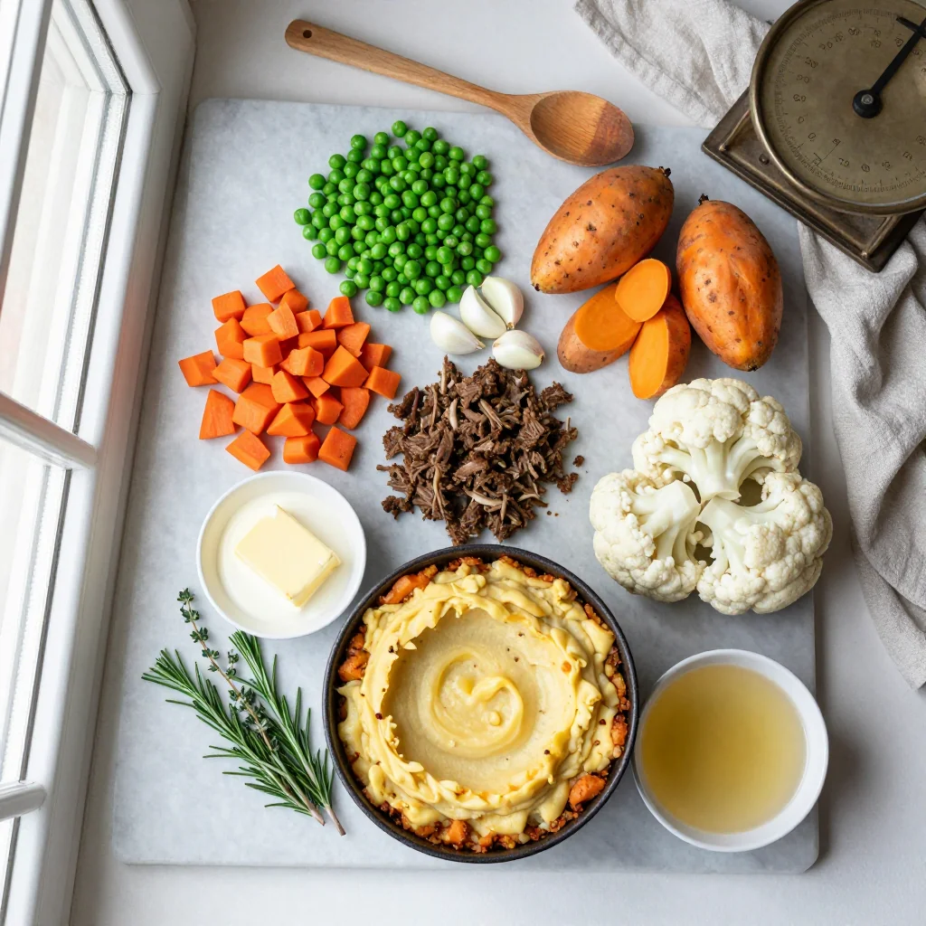 All ingredients for Shepherd's Pie with Sweet Potato and Cauliflower Mash