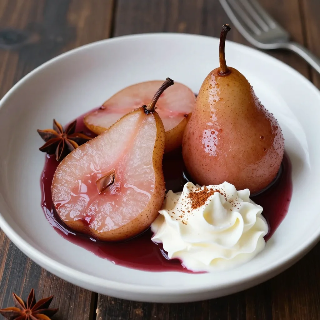 Warm Mulled Wine Poached Pears for Breakfast Dessert