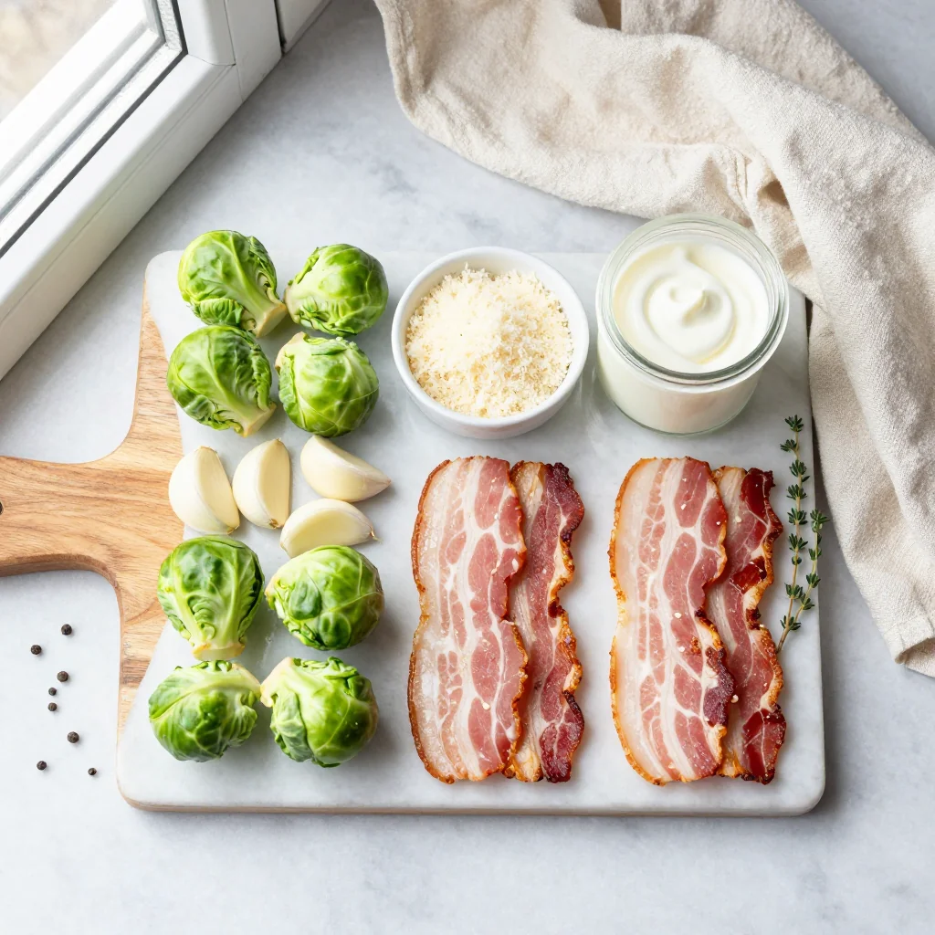 All ingredients for Creamy Garlic Parmesan Brussels Sprouts with Bacon