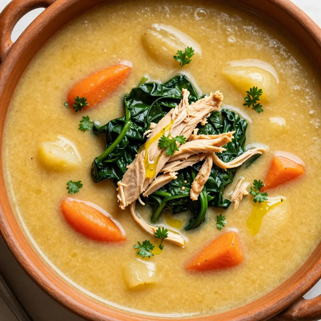creamy chicken and root vegetable soup with garlic and spinach for cold evenings
