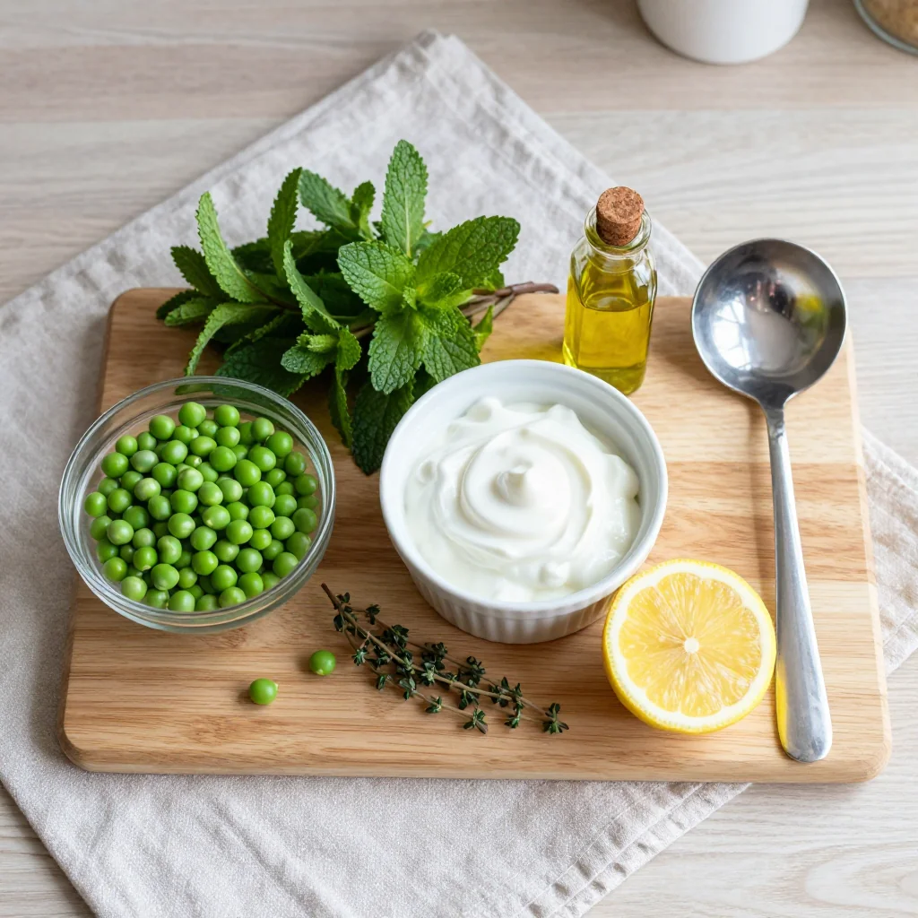 All ingredients for Spring Pea and Mint Soup with Creme Fraiche