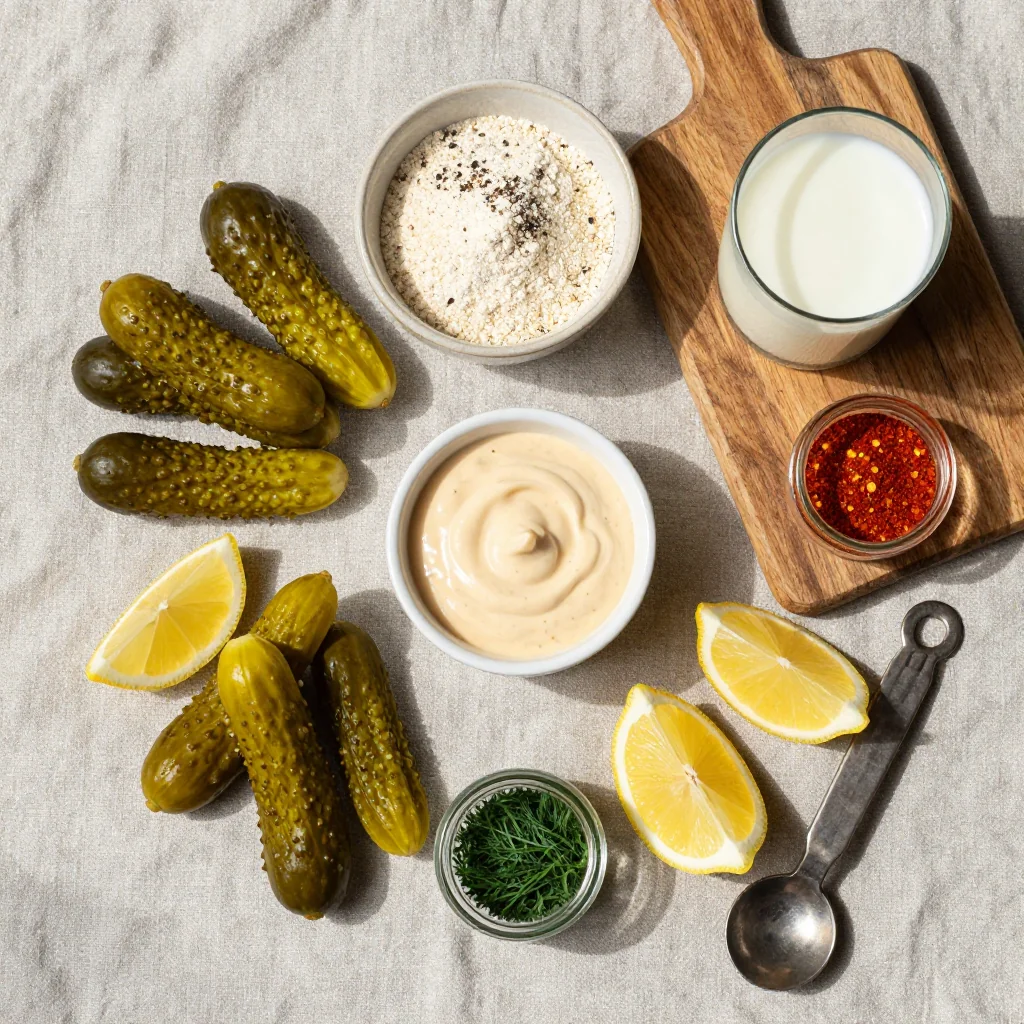 All ingredients laid out for Crispy Fried Pickles with Spicy Mayo Dip
