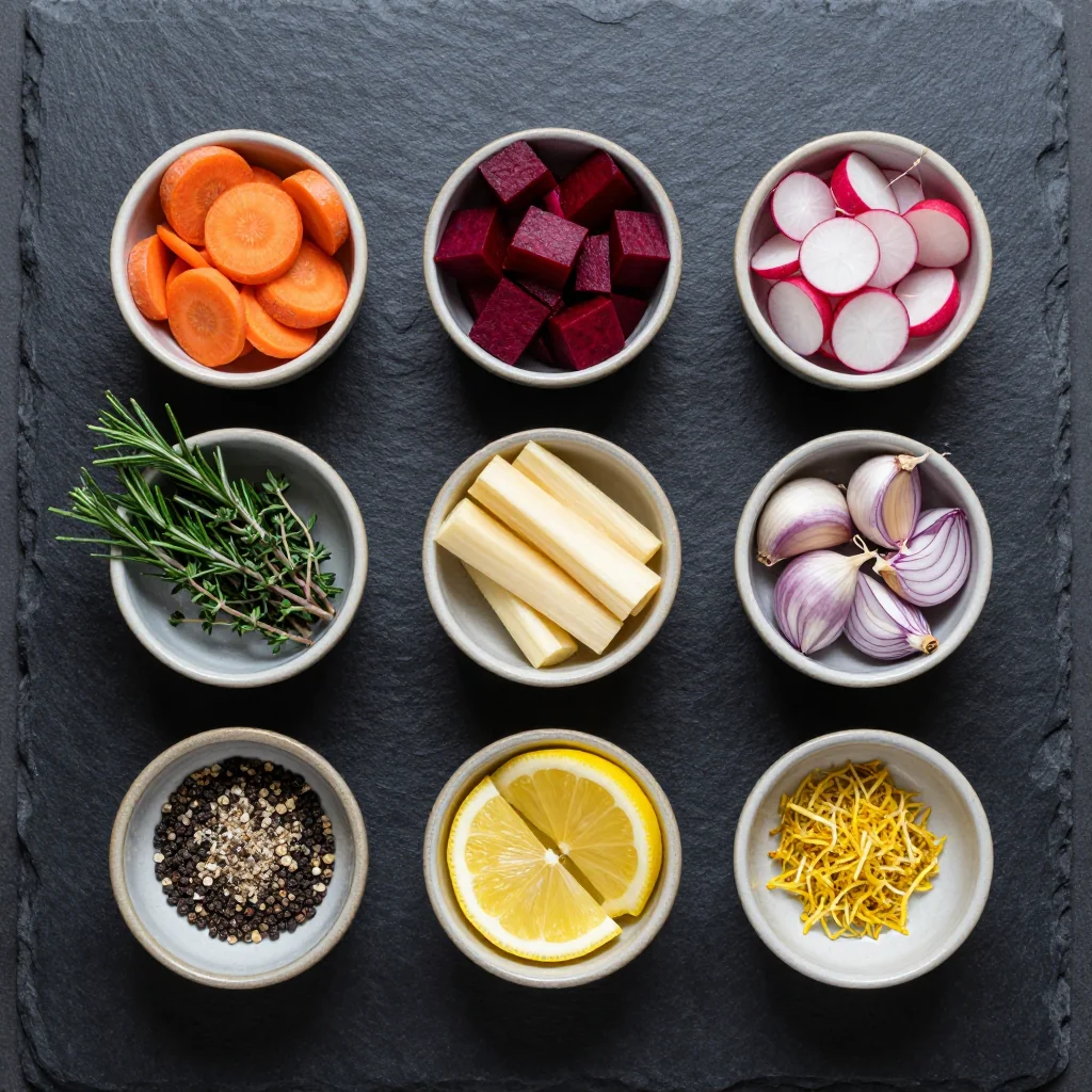 Colorful array of fresh root vegetables, lemons, and herbs arranged on a wooden cutting board