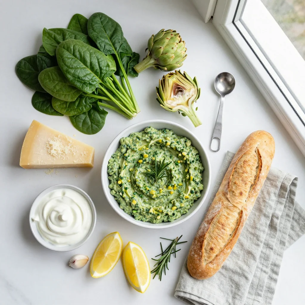All ingredients for Creamy Spinach Artichoke Dip with Baguette