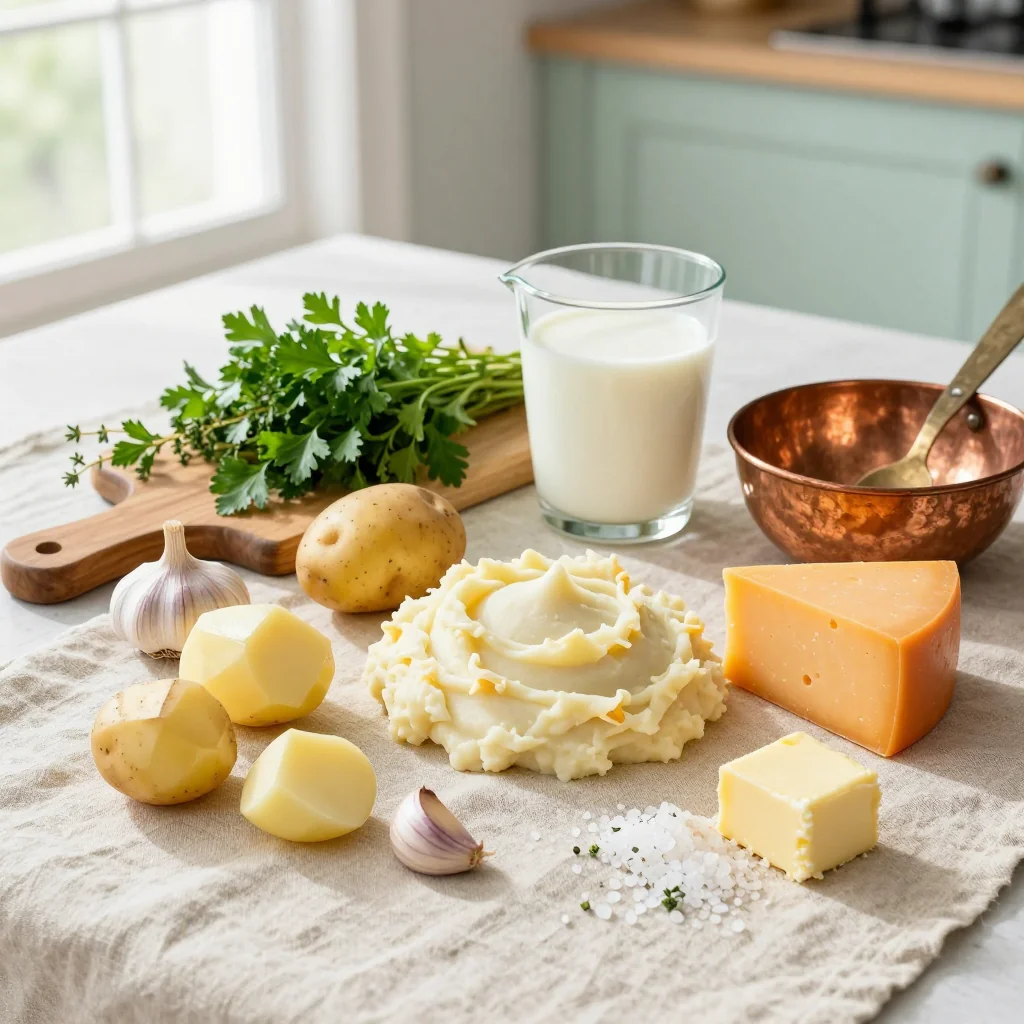 All ingredients for Garlic Mashed Potatoes with Cheddar Cheese