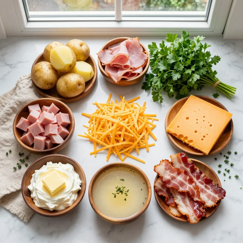 All ingredients for Potato Soup with Ham Cheese and Bacon