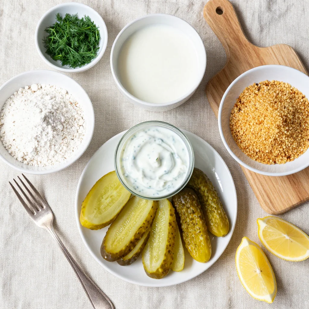 All ingredients for Crispy Fried Pickles with Ranch Dip