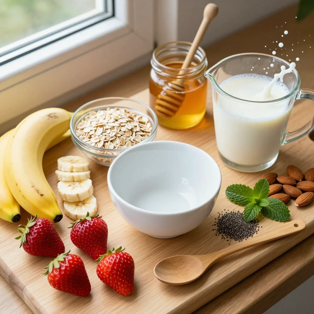 All ingredients for Strawberry Banana Smoothie Bowl with Granola