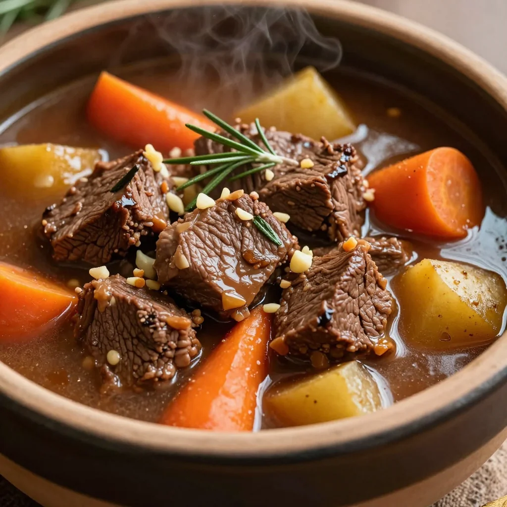 hearty beef and root vegetable stew with garlic and rosemary for family