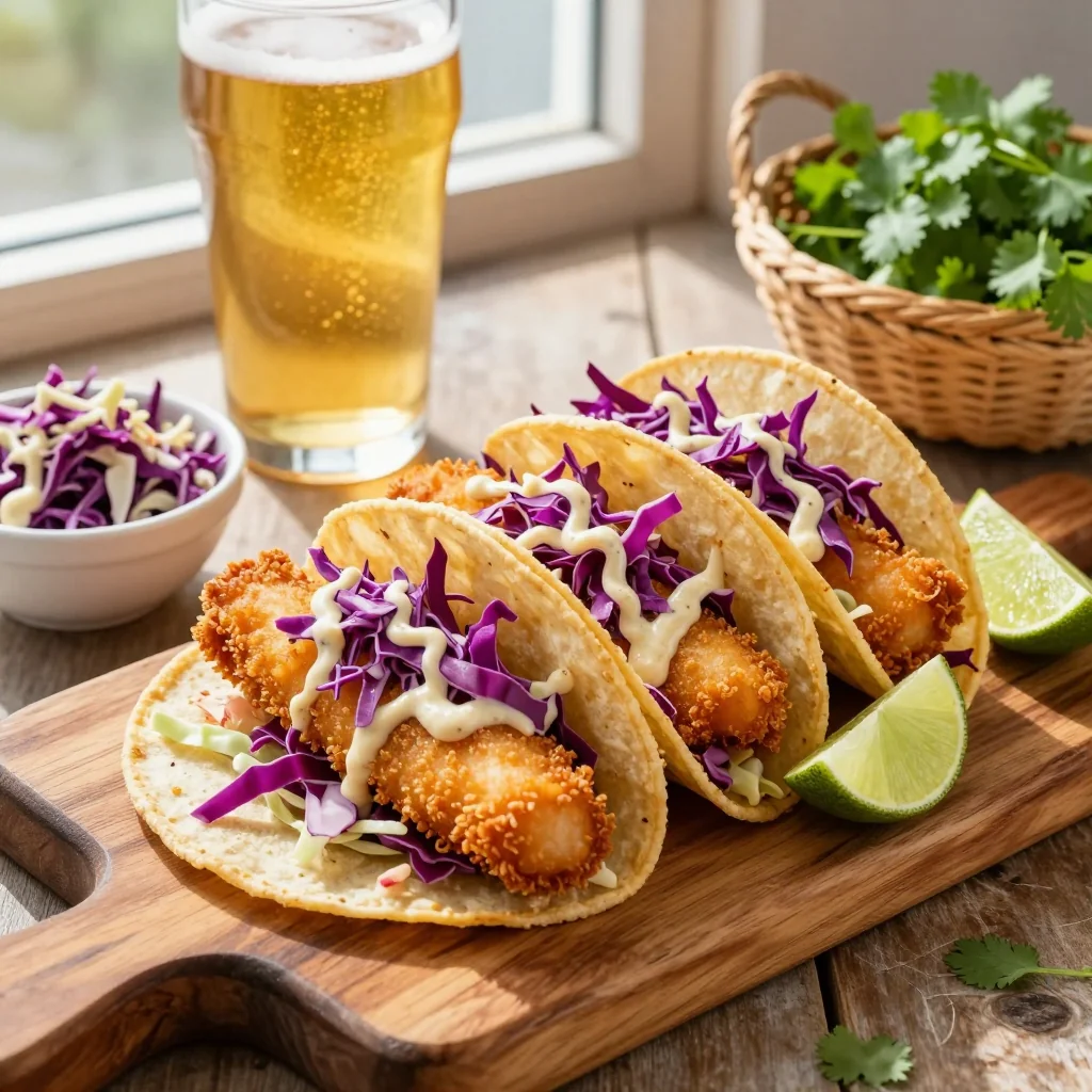 Beer Battered Fish Tacos with Cabbage Slaw