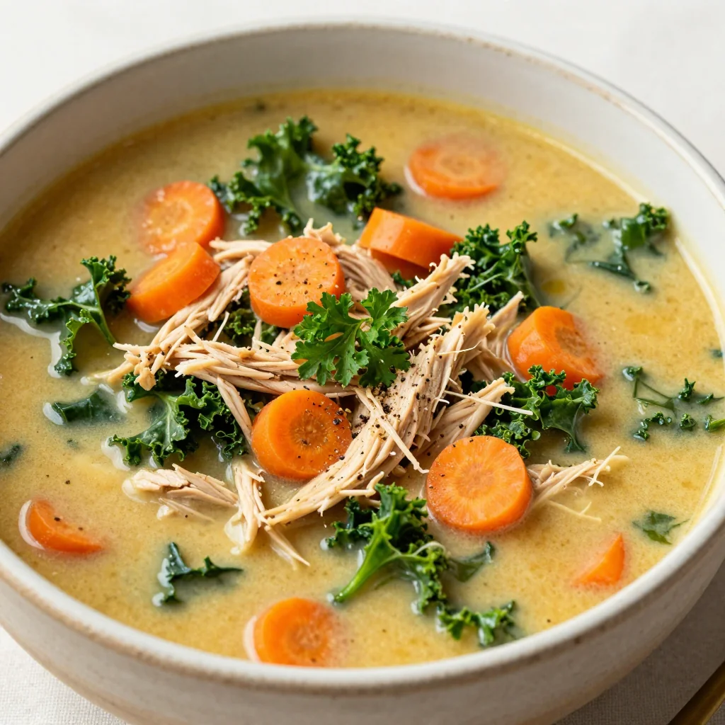 creamy slow cooker chicken soup with carrots and winter greens