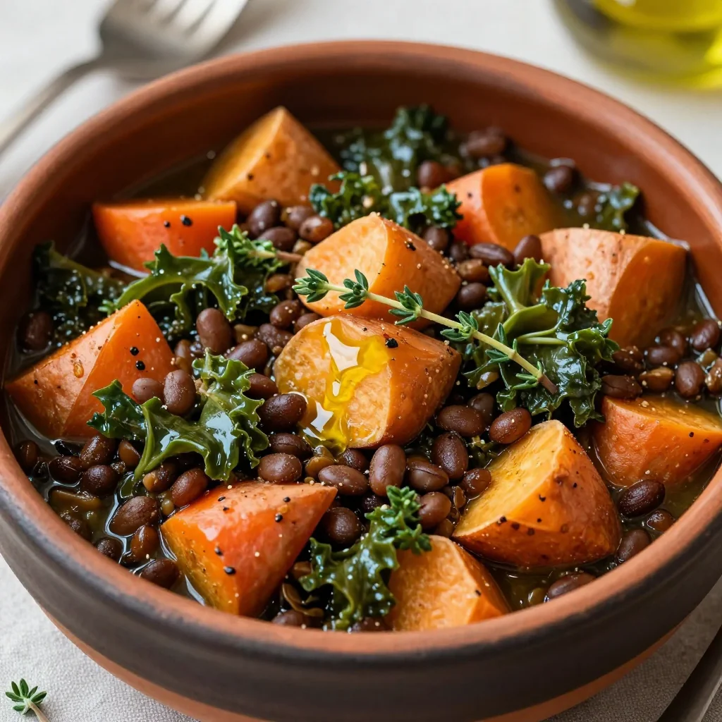 batch cooked lentil and kale stew with winter vegetables for dinner