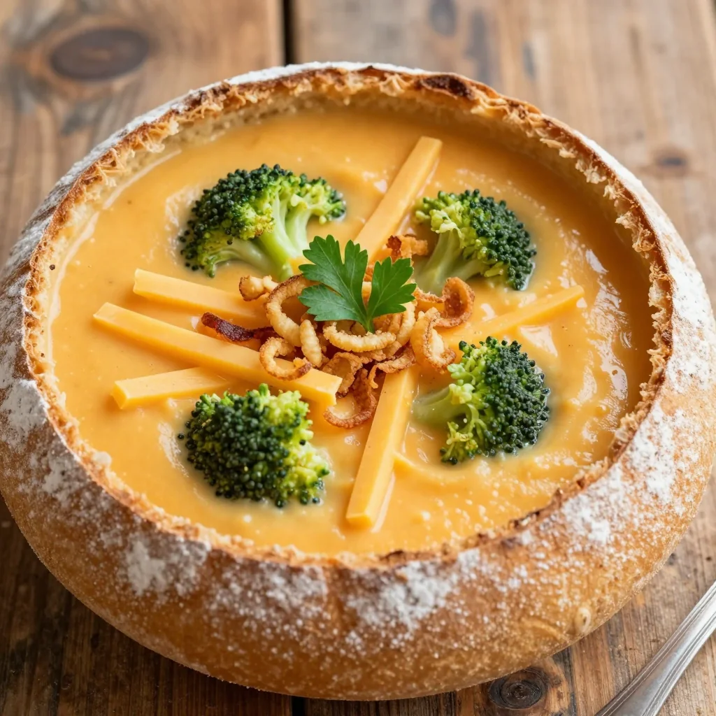 Creamy Broccoli Cheddar Soup With Crispy Onions