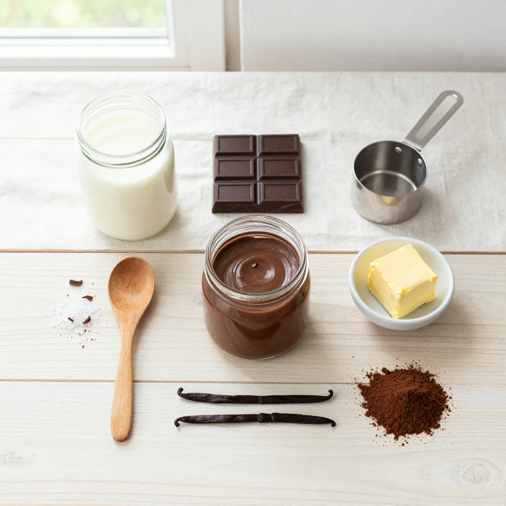 All ingredients for Fudge with Condensed Milk Chocolate neatly arranged on a wooden board